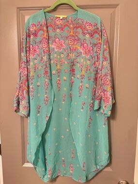 Gianni Bini Turquoise Floral Kimono Top with Pink & Gold Accents